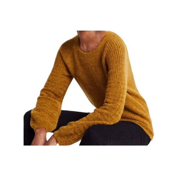 Ann Taylor Knit Sweater Bubble Sleeve Wool Blend Ribbed Mustard Yellow - Picture 2 of 12